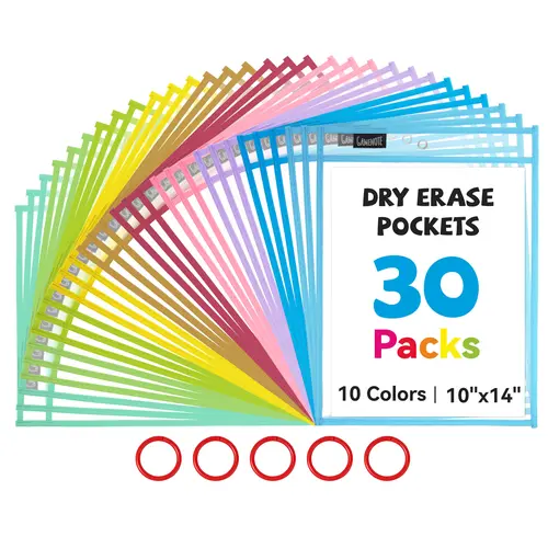Gamenote 30 Packs-10 Macaron Colors 10x14in Dry Erase Pockets, Reusable PVC Sheet Protectors with Ring Binders & Pen Loops, Teacher Must-Haves for Classroom Organization & Office Stationery