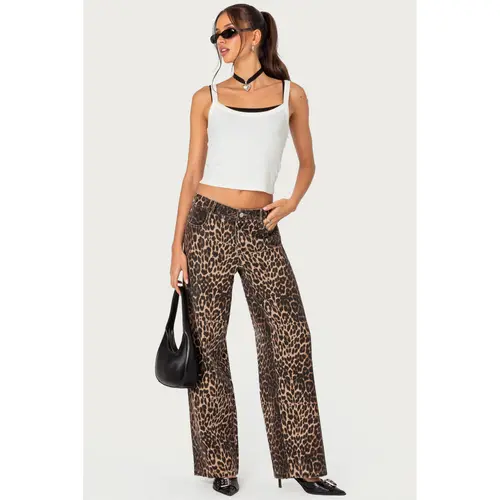 Leopard Printed Low Rise Baggy Jeans