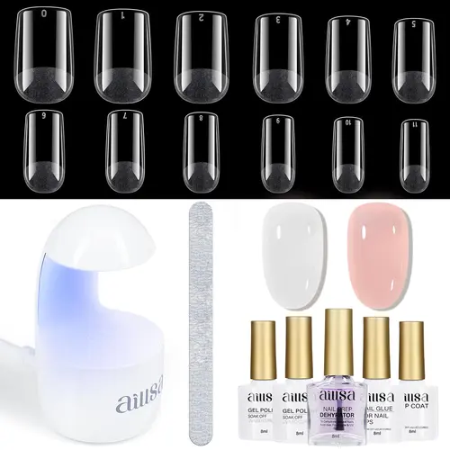 AILLSA Gel Nail Kit Short Square Acrylic Nail Tips 240pcs with 2In1 Nail Glue Base Coat Nail Dehyrator UV Light Jelly Gel Polish Top Coat Nail Tools for Beginner DIY at Home Nail Care Manicure Comfort Cutics gelx Nail TikTokShopBackToSchool sohochic