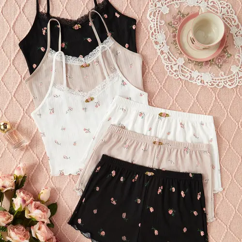 Women's Halloween Themed Ditsy Floral Print Cami Top & Lettuce Trim Shorts Pyjama Two-piece Set, Summer Outfits 2024, Casual Comfortable Loungewear Set, Ladies Sleepwear for All Seasons,  Fall Outfits 2024