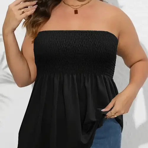 Plus Size Solid Ruffle Hem Peplum Shirred Fitted Tube Top, Boho Fashion Chic Elegant Style Tops, Lady Strapless Top, Womenswear, Casual Summer Sleeveless Strapless Black Top, Trendy Top, Frill Trim Shirred