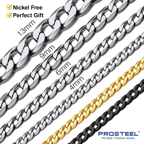 PROSTEEL 14K Gold Plated/Steel/Black Cuban Link Chain Necklace Stainless Steel Chain Necklace 4/6/9/13mm Width 14"-30"Inch Unisex For Men Women Lovers Gift Box