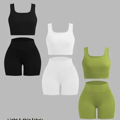 Women's Solid Crop Tank Top & High Waist Shorts Ribbed Set, Sleeveless Square Neck Crop Top & Skinny Shorts, Ladies Summer Outfits, Sporty Style Outfits, Daily Wear, Workout, Athleisure & Activewear Set, Summer Fitness Outfit