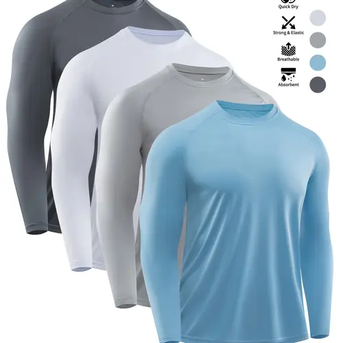 3/4-piece set Men's  Pack Sun Protection T-Shirts, Sporty Long Sleeve, Breathable Quick-Dry, Moisture-Wicking, Loose Fit, Casual Athletic Style, Outdoor Running, Gym, Casual Wear, Athletic Wear