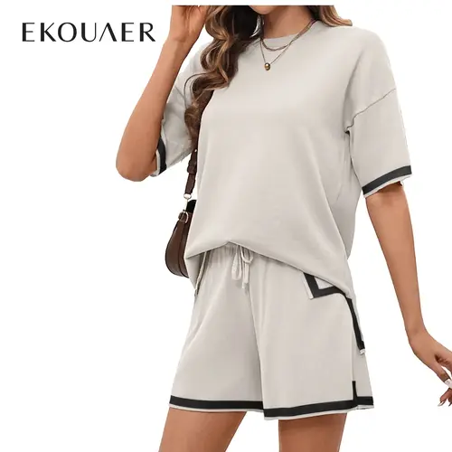 EKOUAER Summer Women's knitted two-piece comfortable set of short- summer sleeved pullover pajamas, casual nightwear, elasticated