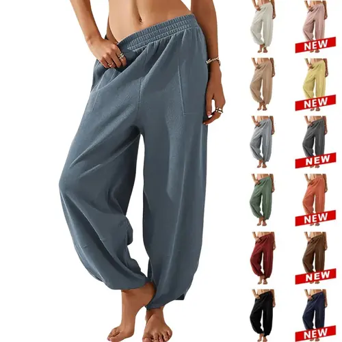 Yeokou Women's Minimalist Basic Bottoms, Casual Loose Baggy Wide-Leg Elastic-Waisted Palazzo Harem Trousers with Pockets,summerwins,summeroutfits,vacationoutfits,beachoutfits,back to school shopping,sohochic