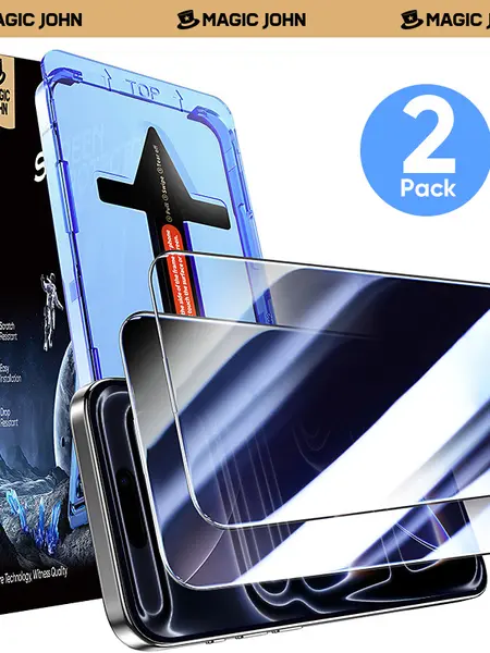 MAGIC JOHN 2-Pack Real Glass Multi-Model Privacy Screen Protector for iPhone, Samsung, Google Smartphone - HD/Clear, Scratch-Resistant, Ultra-Smooth Touch, Circular Polarized Eye Protection, Dustproof, Easy Installation