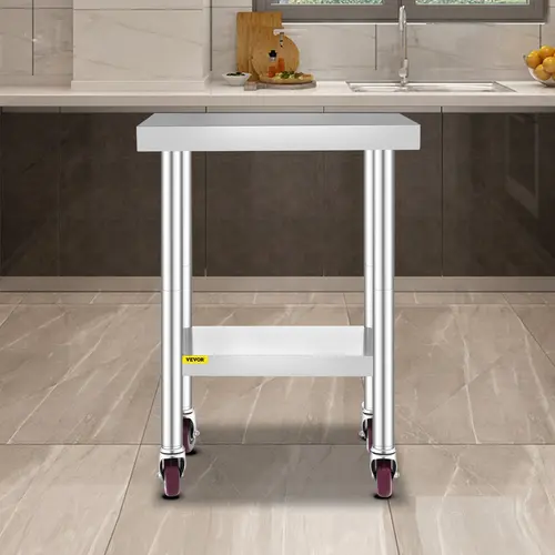 【toolupgrade】VEVOR Stainless Steel Heavy-Duty Work Table with Brake Wheels, Adjustable Garage Rack, Various Specifications, for Commercial Kitchen Food Prep