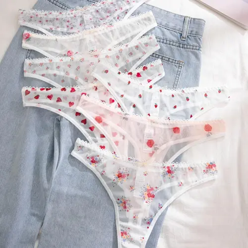 Women's 7pcs Floral Print Lace Trim Sheer Mesh Thong, Casual Soft Comfy Breathable Drop Waist Panty for Daily Wear, Ladies Underwear for All Seasons, Lace Underwear Panties