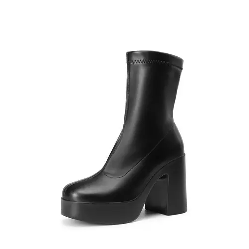 DREAM PAIRS Women's Square Toe Platform High Chunky Block Heel Y2K Ankle Flared Leather Boots Girl Inner Side Zipper for Easy Wear Fall Autumn Winter Classic Comfortable Walking Shoes,back to school,back to school haul,sohochic