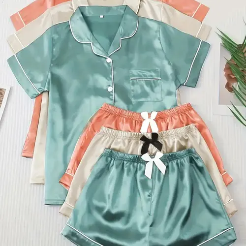 Women's Solid Contrast Binding Bow Decor Pajama Set, Short Sleeve Button Front Lapel Shirt & Shorts Pj Set, Ladies Summer Sleepwear & Loungewear, Matching Pajamas Sets