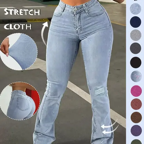 GILIPUR Y2K Women's Plain Ripped Bootcut Flared Fit Jeans, Casual High Waist Pocket Button Fly Bell Bottom Denim High Rise Pants for Daily Outdoor Wear, Medium Stretch Cotton Fabric, Flare Leg Jeans for All Seasons, Streetwear