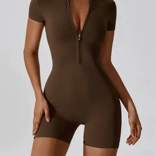 Sporty Women's Solid Color Zip Up Half Placket Mock Neck Sports Skinny Romper, Casual Quick Drying Short Sleeve Romper for Yoga Gym Workout Running, Sporty Comfy Romper, Workout Rompers, Yoga Workout Jumpsuits, Zipper Yoga Jumpsuit, Stretchy Sports Outfit