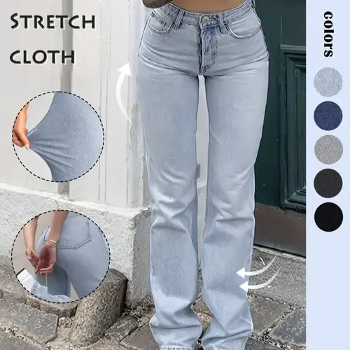 GILIPUR 90s Outfits Y2K Cute Straight Button Jeans Women Stretch Denim High Waist Boyfriend Mom Jeans Blue Wash, Light Wash Pants Casual Trousers For Daily Outdoor Wear Streetwear For All Seasons