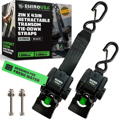 Rhino USA Retractable Boat Trailer Tie Down Straps 2PK – Durable (2in x 43in) Trailer Mount Transom Straps for Boat, Jet Ski – Stainless Steel – Salt Water Compatible