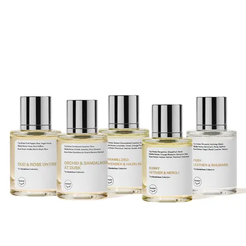 The Genderless Collection, Dossier Originals, 50ml, Eau de Parfum, Oud & Rose on Fire, Orchid & Sandalwood at Dusk, Caramelized Lavender & Hazelnut, Sunny Vetiver & Neroli, Fiery Leather & Rhubarb
