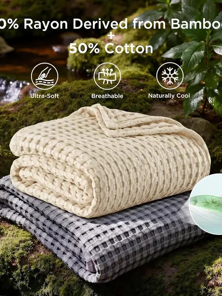 Bedsure Cooling Bamboo Waffle Cooling Bedding Blanket - Lightweight Breathable Rayon-from-Bamboo & Cotton Throw for Hot Sleepers, Moody Color, Oversized King, Comfy Couch & Bed, House Decor Cozy Setup, Elevates Any Bedroom,sohochic