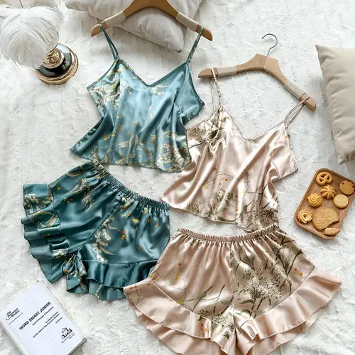 Women's Floral Print Sleeveless Spaghetti Strap Cami Top & Ruffle Trim Shorts Satin Fabric Pyjama Set, Summer Loungewear, Machine Washable, Sleepwear Set for Women, Casual Comfy Lingerie