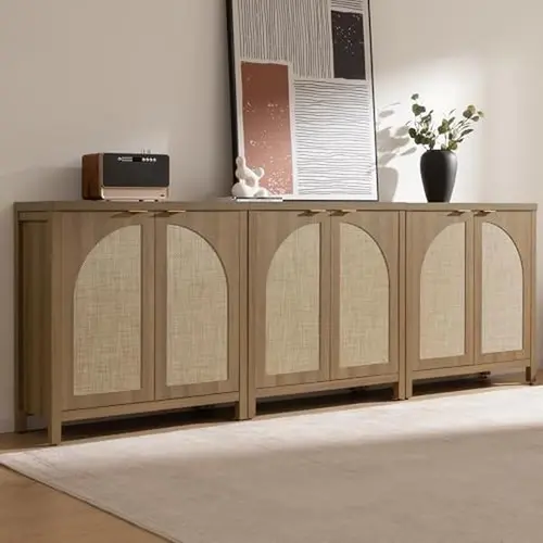 SICOTAS Accent Home Storage Cabinet with Rattan Doors, Living Room Furniture with Adjustable Shelves, Modern Rattan Dresser TV Stand for Dining Room Entryway, Storage Cabinet Chest