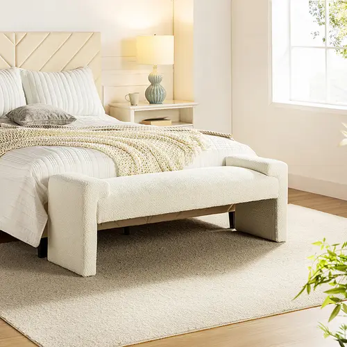 【Fall Pick】HULALA HOME Vittoriano Upholstered Bench Textured Polyester Fabric Spacious Bearing Surface Arm Tray Ideal for Entryway Bedroom Living Room Furniture