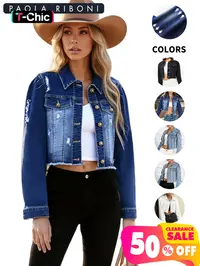 Women's High Elasticity Raw Hem Long Sleeve Collared Button Down Cropped Denim Jean Fashion Jacket, Coats, Casual Plain Ripped Style for All Seasons, Long Sleeve Women's Outerwear, Casual Fashionable Outerwear