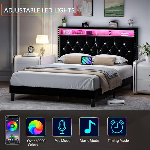 HOMBCK Upholstered Platform Storage Bed Frame with LED Lights, USB Port, Diamond Tufting, No Box Spring Needed, Noise-Free, Mattress Not Included, Furniture for Room Decor#SohoChic#Homemakeover