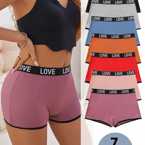 Women's 7pcs Letter Tape Contrast Binding Ribbed Boyshorts, Fitted Knickers, Soft Comfy Breathable Panties for Daily Wear, Underwear for All Seasons Casual Soft Panties Womenswear
