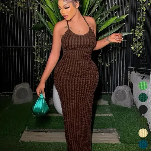 Women's Solid Criss Cross Backless Frill Trim Sleeveless Spaghetti Strap Cami Dress, Bodycon Maxi Dress for Party Club Dating Wear, Dresses for Women, Summer Dresses, Bodycon Fit