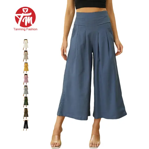 Tanming Womens Cotton Linen Wide Leg Culotte Pants Elastic Waist Casual Capri Pants with Pockets