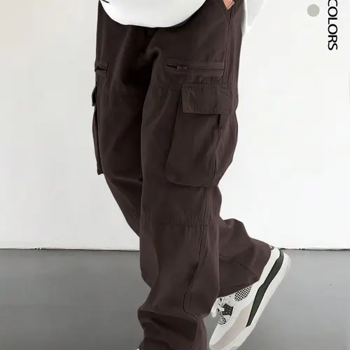 Men's Loose Solid Pocket Drawstring Waist Cargo Pants, Unisex Casual Comfy Zipper Cargo Pants for Daily Outdoor Wear, Women Woven Bottoms for All Seasons Adjustable Waist Pants, Casual Cargo Style