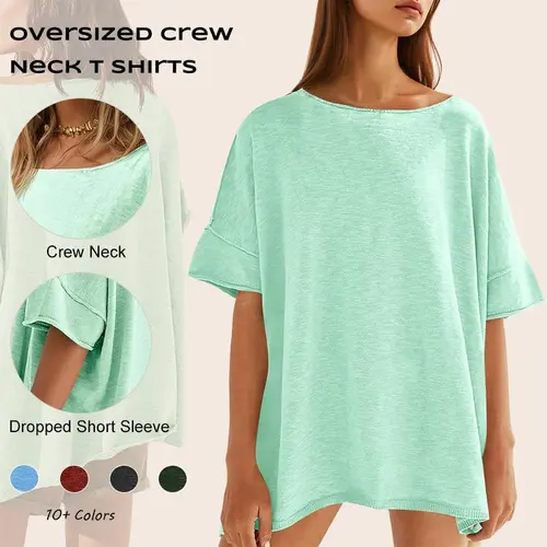 Imily Bela Women's Oversized T Shirts Casual Summer Crew Neck Loose Dropped Short Sleeve Side Slit Hem Blouse Tops