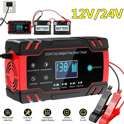 【ToolUpgrade】10-Amp 12V-24V Fully-Automatic Smart Car Battery Charger, Maintainer, Trickle Charger & Desulfator with Temperature Compensation for Vehicle, Trucks, Lawn Mowers, Boats Batteries Repair Tool