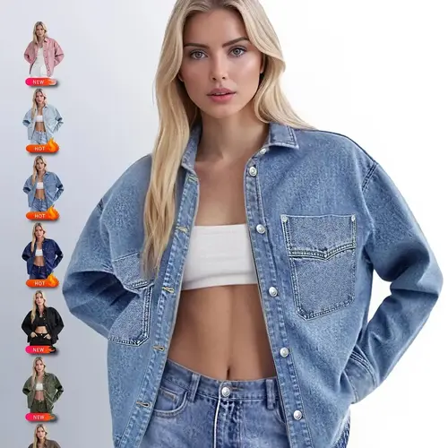 Long Sleeve Denim Jacket for Women,Drop Shoulder Curved Hem Denim, Classic Button Down Denim Jacket with Chest Pockets, Fashion Women's Clothing for Daily Wear, Vintage Western Trucker Jacket, Outerwear