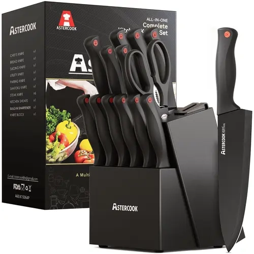 Astercook 14 Piece Knife Set with Built-in Sharpener, Non-Stick Black Hard Wood, Dishwasher Safe, Stainless Steel, Multipurpose Kitchen Cutting Block