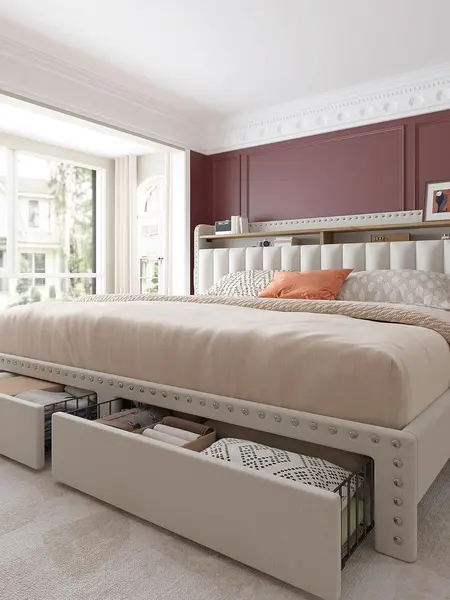 RaybeeFurniture Bed frame for Queen with 2 Storage Drawer & 48" Tall Upholstered Neilhead Tufted Bookcase Headboard, NO Noise, Modern Platform Bed for KING, FULL Bedroom Apartment Dorms Compact Space,  Metal Frame Capacity 900 LBS #tiktokshopsummersale
