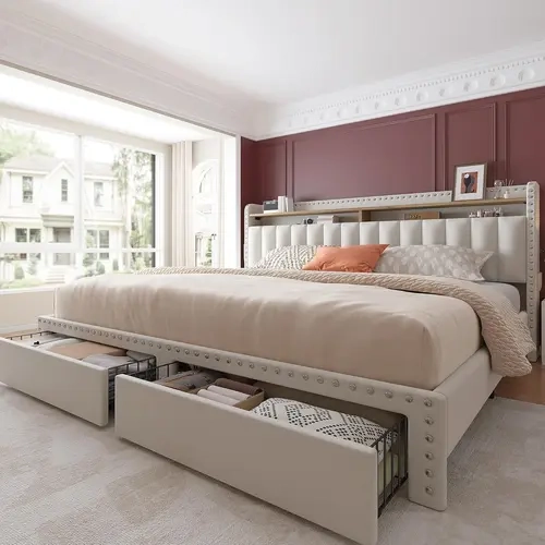 Raybee Bed Frame with Headboard, MATTRESS NOT INCLUDED, Upholstered  Bed Frame with Storage, Bed Frame with 2 Drawers,  NO Noise, No Box Spring Needed,No Mattress