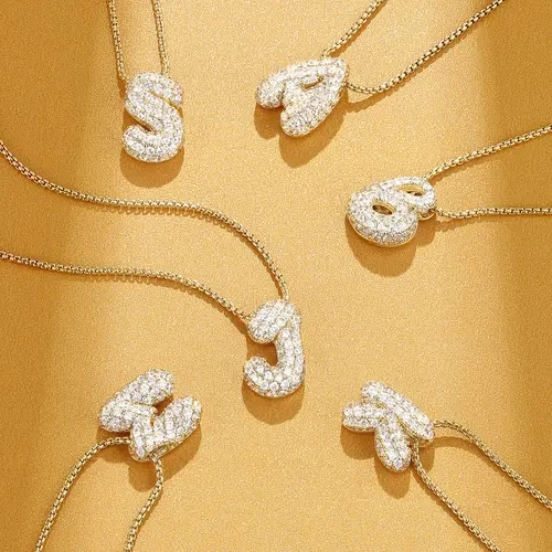 KissYan Bubble Letter Necklace, 14K Gold Plated Balloon Initial Pendant Box Chain Necklace Dainty Pave CZ Jewelry Gift For Women Mothers Day Gift Ideas TikTokShopBackToSchool, Gold Aesthetic,sohochic