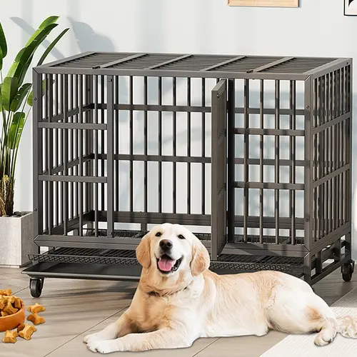 Walsunny 37/47 inch Heavy Duty Steel Dog Crate for Large Dogs with Lockable Wheels and Double Door Design, Escape Proof, Indestructible, Black Enclosure