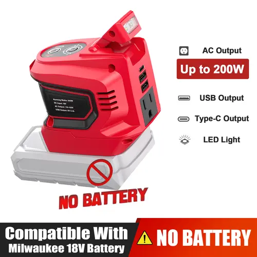 200W Power Inverter for Milwaukee 18V Battery, Battery NOT Included, DC 18V to AC 110V~120V Battery Inverter, Portable Power Station Generator with 2 USB Ports & 1 Type-C & 1 AC Outlet toolupgrade