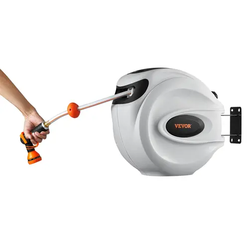 【toolupgrade】VEVOR Wall Mount Metal Garden Hose Reel (100'-1/2" Size), 180° Swivel, 9-Pattern Nozzle, Automatic Rewind, Lock-at-Any-Length, Slow Return System, 200psi, Fits Brick Concrete Wood Stone, Windows Garden Watering Irrigation Accessory, Built-In