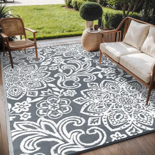 LOKHOM Modern Floral Reversible PVC Outdoor Patio Rug - 9x12 ft Knotted, Non-Slip, Waterproof, Heat-Insulating, Stain-Resistant Plastic Straw Mat with Fold & Carry Bag, Lightweight, Non-Customised for Balcony, Patio