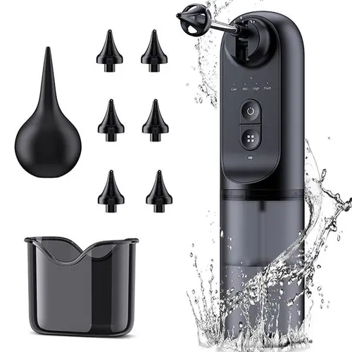 Electric Ear Wax Removal Tool, Water Powered Ear Cleaner, Ear Cleaning Kit with 6 Tips, 4 Pressure Settings, Ear Wax Cleaner, Effective for Ear Wax Buildup, Black/Pink, MothersDayGift