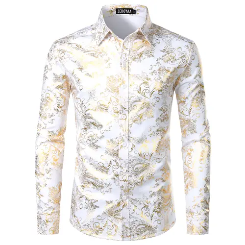 ZEROYAA Men's Luxury Paisley Dress Shirt Shiny Floral Printed Button Down Shirts for Party Prom Casual Elegant Father's Day Gift for Boyfriend Dad Gifts Black People Menswear Fabric Long Sleeve Top Vneck,back to school,back to school shopping,sohochic