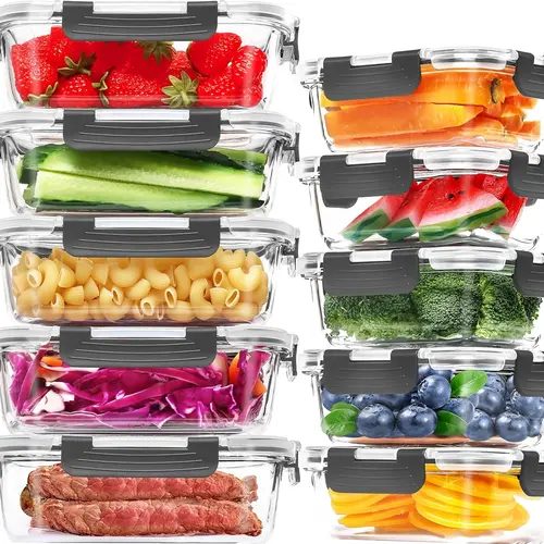 AISOON 10-Pack Borosilicate Glass Meal Prep Containers (5x13oz + 5x36oz) with Stackable Airtight Snap-Locking Lids - Leak Proof Container, Food-Safe, Non-Porous, Hygienic, Microwavable, Oven/Freezer/Dishwasher-Safe Kitchen Storage, Oven-Safe