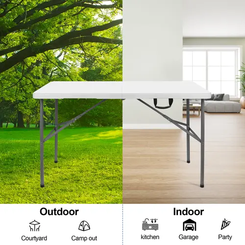 4FT Rectangular Plastic & Steel Folding Outdoor Picnic Table - Fold-in-Half Design with Lock, Handle Carry, Quick Setup, Height Adjust, Flat-Folding for Easy Garage Storage, Classic White, Ideal for Garden Camping