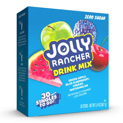 Jolly Rancher Singles To Go Variety Pack, Powdered Drink Mix,  Sugar-Free, Low Calorie, Includes 4 Flavors: Green Apple, Blue Raspberry, Cherry, Watermelon, 1 Box (30 Single Servings), Candy, Sweet