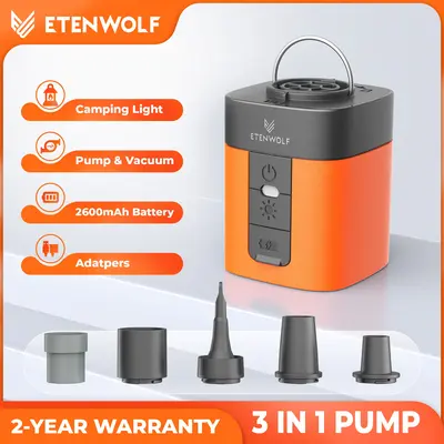 Portable Rechargeable Mini Electric Air Pump, 360L/min Fast Inflate & Deflate, ETENWOLF AIR3, 600-Lumen LED, for Pool Floats, Air Mattresses, Sleeping Pads & Camping, Low-Pressure Inflatables Only