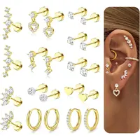 CASSIECA 11pairs Flat Back Earrings Stack for Women Cartilage Earrings Stacks 20G Surgical Stainless Steel Flatback Hypoallergenic Stud Hoop Earring Set Daith Conch Tragus Helix Piercing Jewelry Summervibes