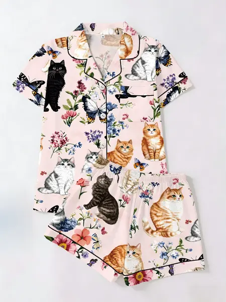 Cute Cat Garden Floral Print Short Sleeve Top Shorts Pajama Set, Fitted Casual Aesthetic Homeewear for Women, Casual Style Loungewear, All Seasons Wear, Two-Piece Sleepwear