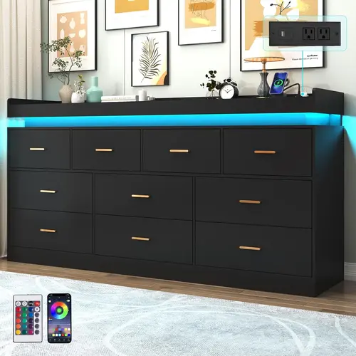 Dresser with LED Light, Modern Chest of Drawers for Closet, Wide Drawer Organizer Cabinet for Bedroom, Living Room, Entryway, Hallway, White/Black